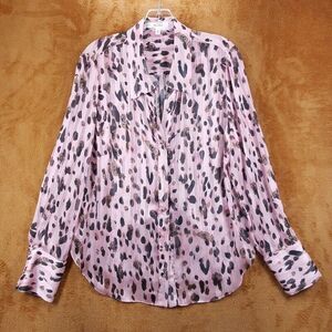 MILLY Top Womens Large Pink Cheetah Button Up Shirt Chiffon Sheer Leopard